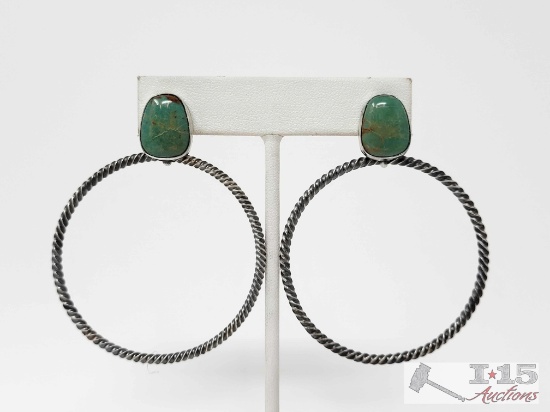 Native American Sterling Silver Turquoise Hoop Earrings, 17g