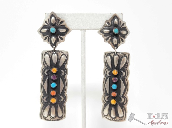 Native American Sterling Silver Dangle Concho Earrings, 20g