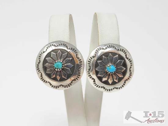 Native American Sterling Silver Turquoise Concho Earrings, 6g