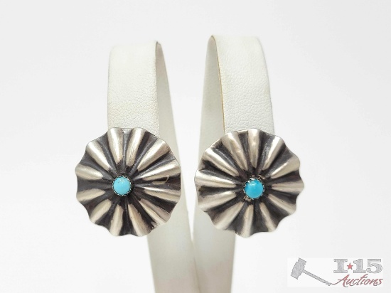 Native American Sterling Silver Turquoise Ruffle Earrings, 4g