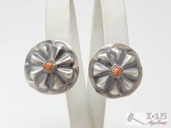 Native American Sterling Silver Spiney Oyster Concho Earrings, 4g