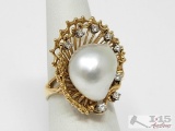14k Gold Large Pearl Ring & Diamond Accent Ring, 11g