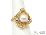 14k Gold Pearl Center & Diamond Accent Ring, 6g