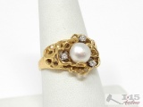 14k Gold Pearl & Diamond Accent Ring, 5g