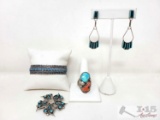 Sterling Silver Turquoise Cuff, Ring, Earrings & Pin, 59g