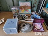 Miniature Cat Statues, Handmade Porcelain Box, Pot Holders, Stone Vase, and Ceramic Bowls
