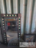 Metal Frame With Tile Pattern Mirror, Beveled Arch Clear Stained Glass, And Creole Cat Framed Art