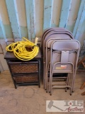 6 Metal Folding Chairs, Wooden End Table with Wicker Drawers, and Extension Cord