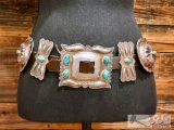 1940s Era Native American Hand Stamped Sterling Concho Belt with Amazing Turquoise Stones, 596g
