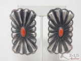 Native American Sterling Silver Earrings with Coral Center Accent, 20g