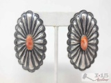 Native American Sterling Silver Earrings with Orange Spiny Oyster, 14.7g