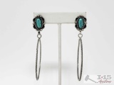 Native American Sterling Silver Turquoise Hoop Earrings, 14g