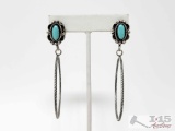 Native American Sterling Silver Turquoise Hoop Earrings, 14g