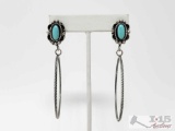 Native American Sterling Silver Turquoise Hoop Earrings, 14g