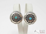 Native American Sterling Silver Turquoise Concho Earrings, 6g
