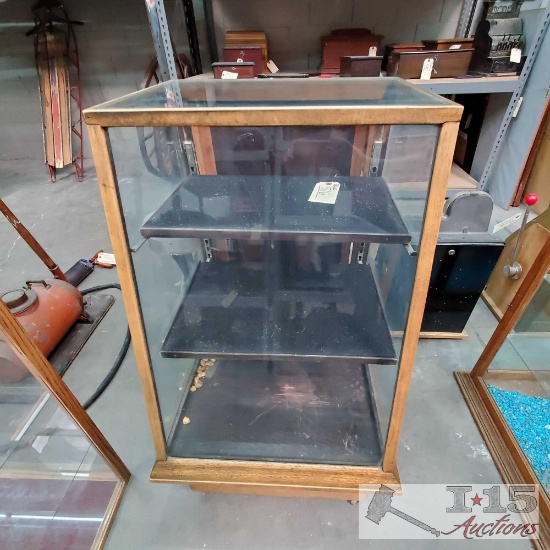 Antique Slanted Glass Display Cabinet on Wheels