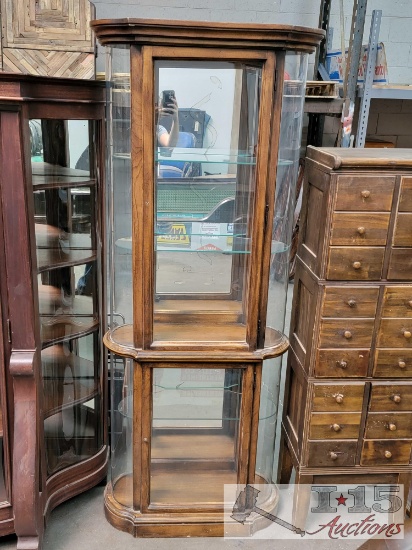 Antique Oak Lighted Bow-Front Curio Cabinet