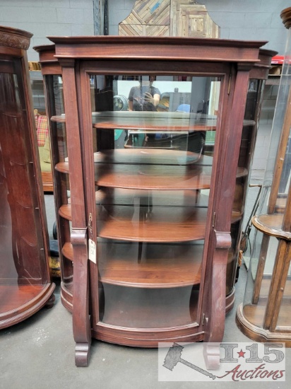 Antique Oak Bow-Front Curio Cabinet
