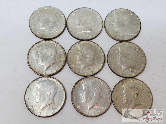 (9) 40% Silver Kennedy Half Dollars, 104g