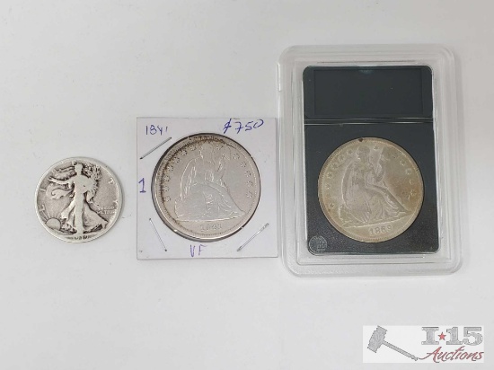 (2) 1841 & 1869 Seated Liberty Dollars & (1) 1919 Walking Liberty Half Dollar