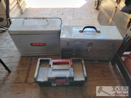 (2) Tool Boxes, Tools, Ice Chest, Radio & Water Containers