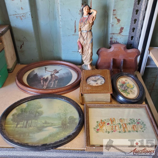 Hanging Picture Frames, Statue & Wood Shelf