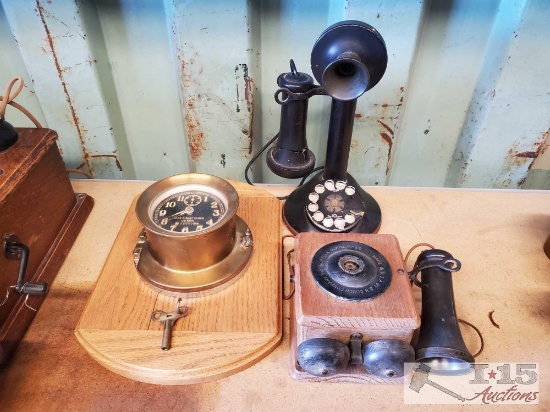 Mark 1-Boat Clock, Electric Wall Mount Telephone & Electric Dial Candlestick Telephone