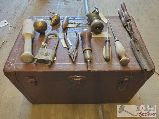 Antique Chest With "Brodie" Knob, Auto Lock & Key, Button Hook & Antique Yankee Screwdriver