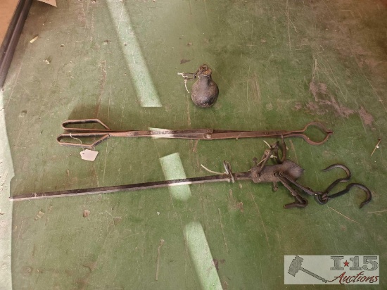 Antique Hook Scale With Ball & Antique Tongs