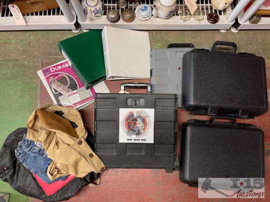 (2) Rolling Crates, (2) Cases, Duffle Bags, (3) 2" Binders