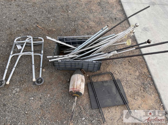 Lot of Curtain Rods, Foldable Table, Walker and Vintage Boat Anchor