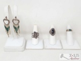 (3) Stirling Silver Rings, Sterling Earings with Green Accents