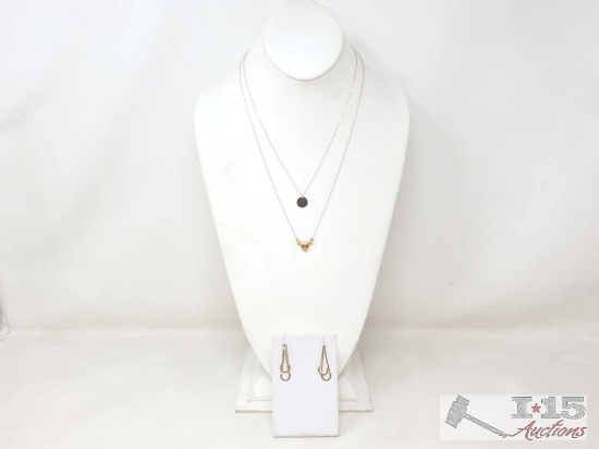 (2) 14k Gold Necklaces and Gold Earings, 3g