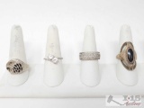 (4) Sterling Silver Rings with Rhinestone Accents, 25g
