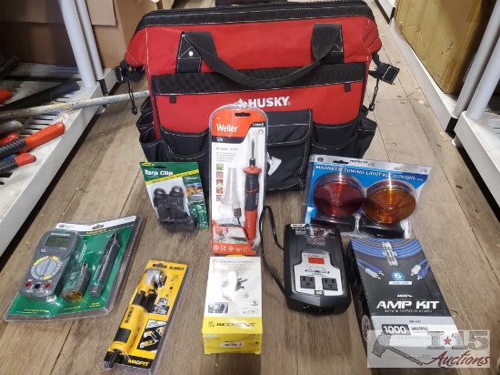 Husky Tool Bag, Technician Test Kit, Screw Driver, Sodering Iron, Towing Lights, Amp Kit and More!
