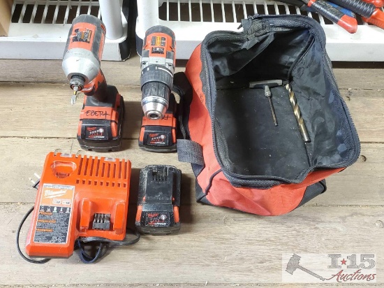2 Milwaukee Drills, Charger, Battery, Tool Bag