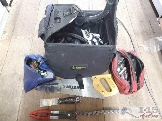 GreenLee Tool Bag, Saw, Sockets, Batteries, Drywall Scraper and More!