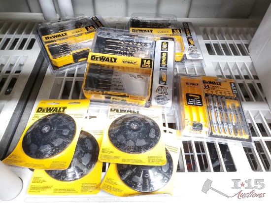 4 DeWalt Rubber Backing Pads, 3 Dewalt Drill Bit Sets, DeWalt Jig Saw Blade Set