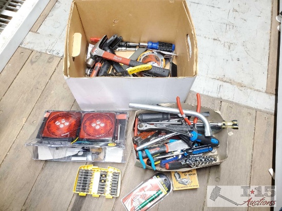 Trailer Lighting Kit, Screwdrivers, Pliers, Gorilla Tape, Hammer, Sockets, Pocket Tools, Compass