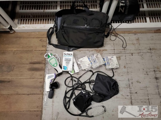 Bag With Thermometers, Blood Pressure Cuffs, Stethoscopes, Vapor Inhaler, Schick Razors