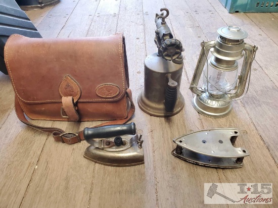 Leather Bag, Torch, Lantern & Iron