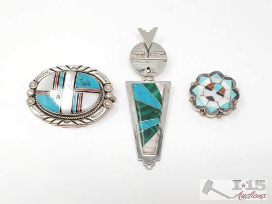 3 Sterling Silver Inlay Broaches, 49g