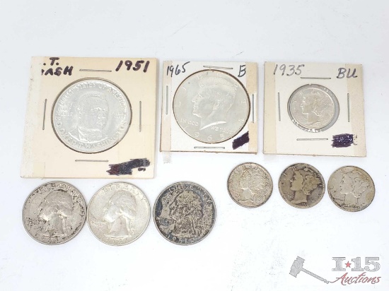 1951 Booker T Washington Half Dollar, 1965 Half Dollar, 1935 Mercury Dime