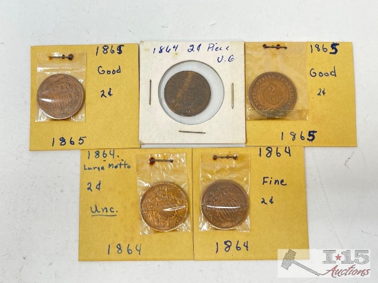 (5)1865 & 1894 U.S. 2 Cent Coins
