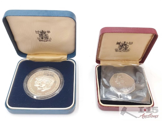 Great Britain 25 Pence Silver Charles & Diana Coin & 50 Pence Great Britain Coin
