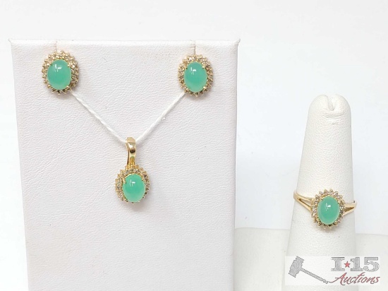 14k Gold Emerald and Diamond Jewelry Set, 5g