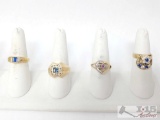 (4) 14k Gold Rings With Rhinestones, Ruby & Aqua, 19g