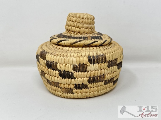 Vintage Native American Papago Lidded Basket with Designs