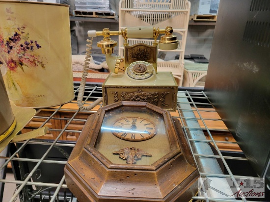 Wooden Clock and Rotary Telephone