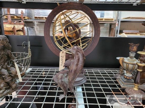 Wooden Armillary and Metal Dolphin Statue